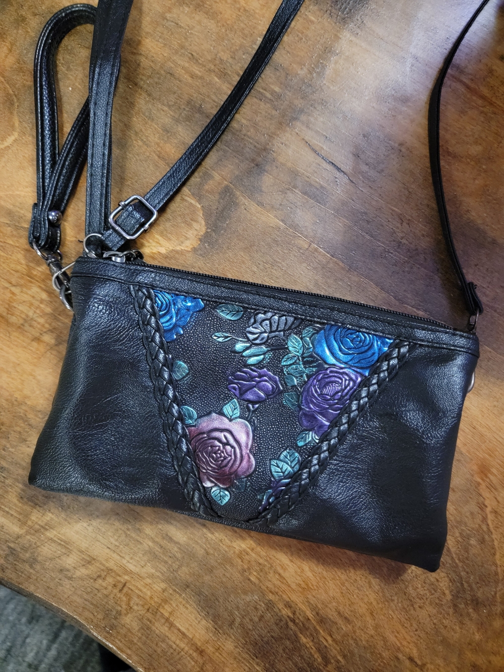 Black Faux Leather Crossbody Bag with Hand-Painted Blue & Purple Floral Art